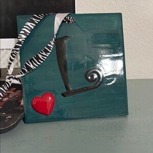 Teal Decorative Tile with Heart and Ribbon
